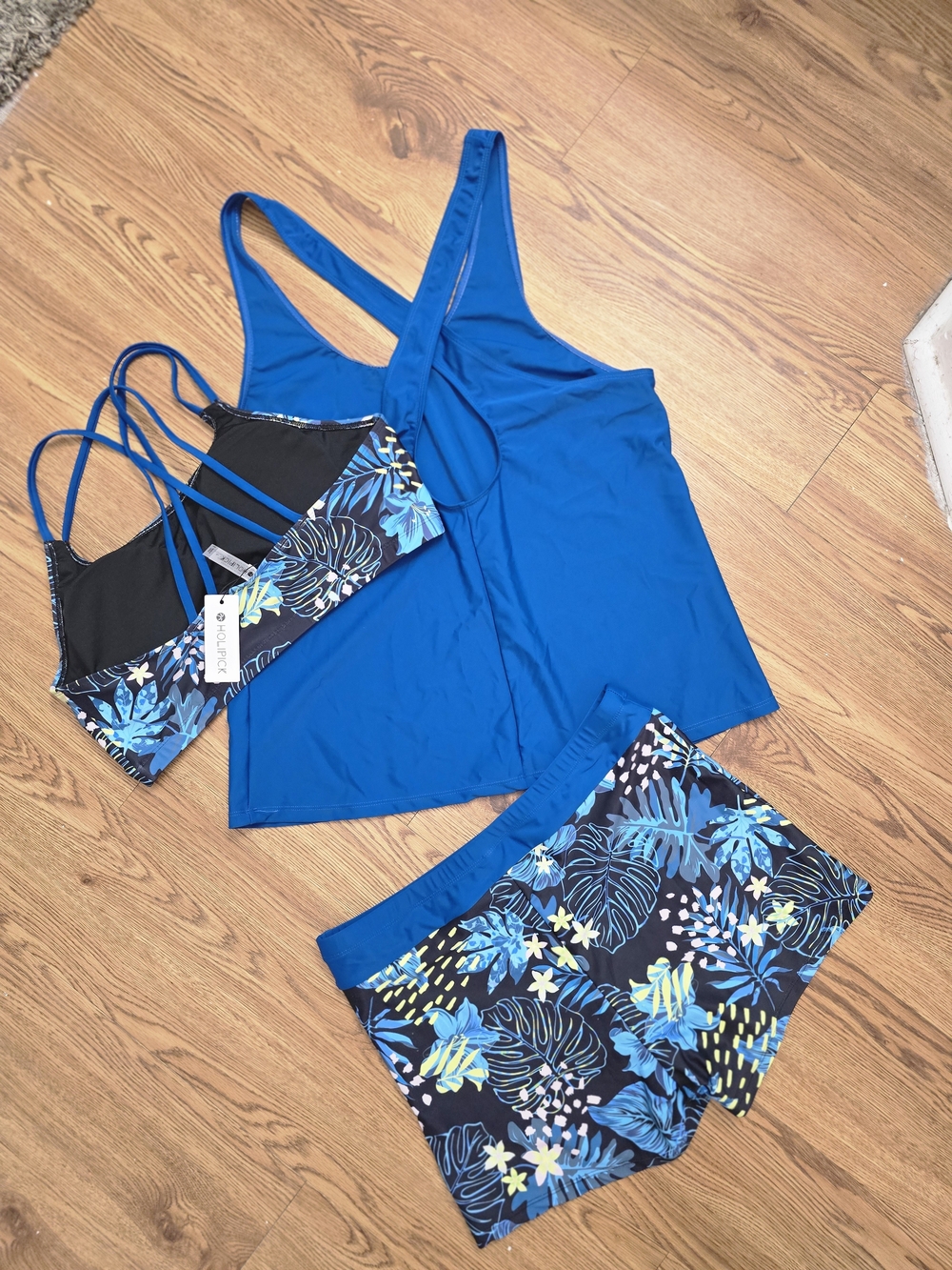 HOLIPICK Women's 3-Piece Tankini Swimsuit Set - Cobalt Blue Floral Tank Top, Spo